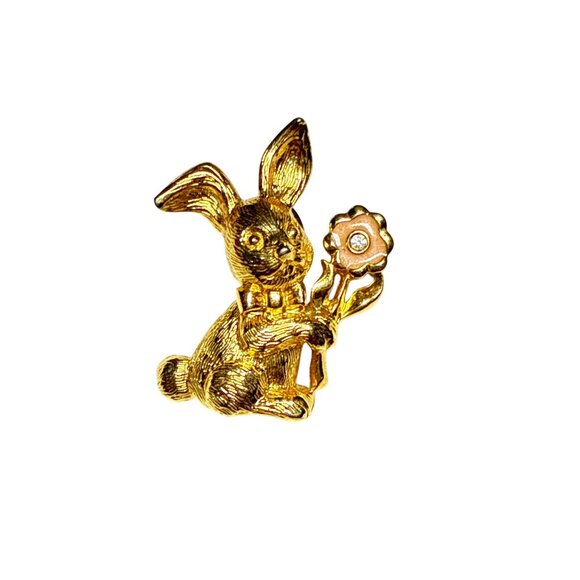 Gold Tone Bunny Rabbit Lapel Pin Holding Flower Vintage Brooch Cute Easter Gift - Picture 3 of 14